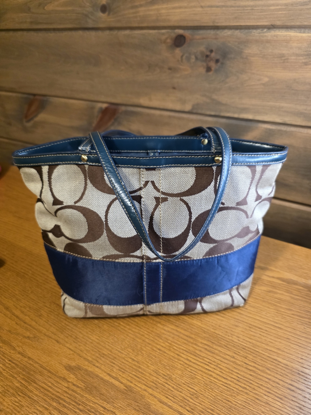 Vintage Coach Signature Tote Bag Blue Brown Y2K 10124